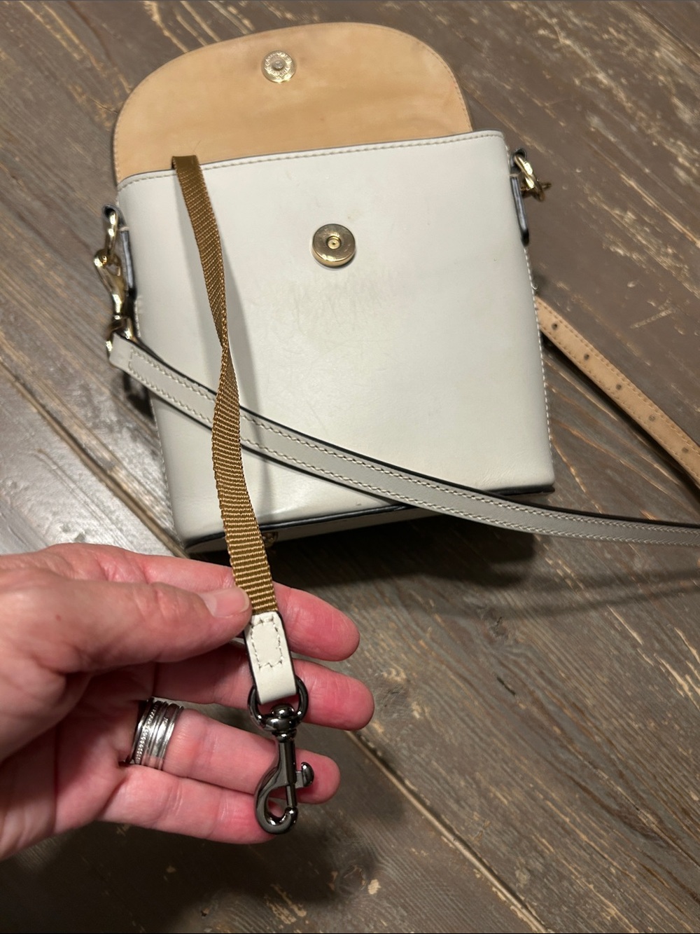 Dooney & Bourke Off-White Genuine Leather Crossbody with Tan Strap - Picture 9 of 15